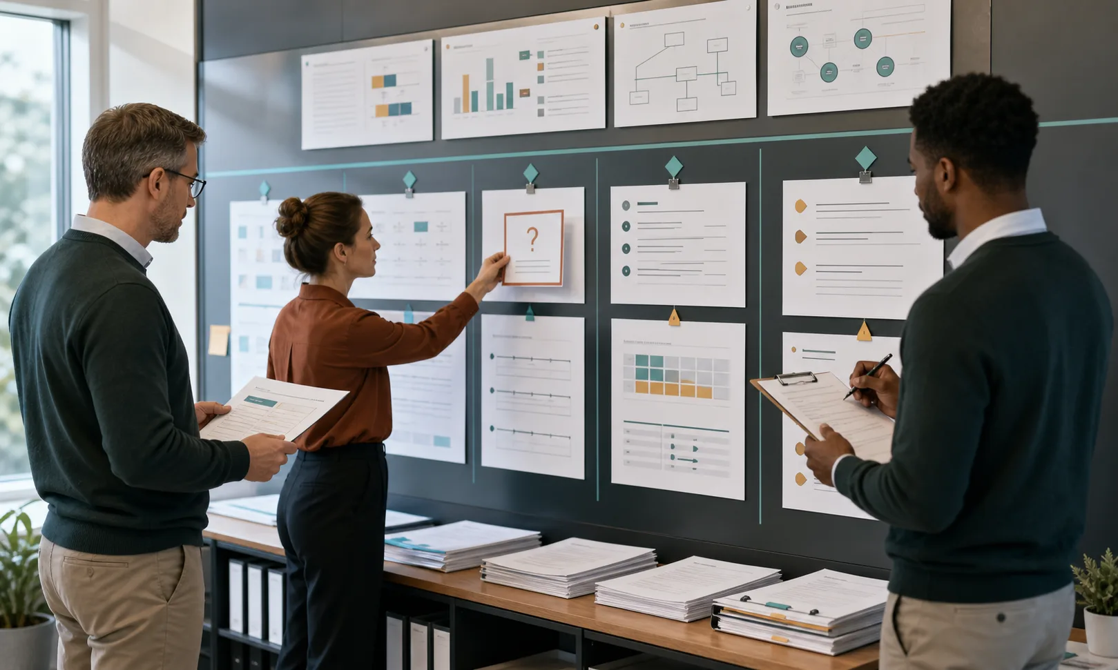 Three professionals move an open question through risk-treatment records toward management review.