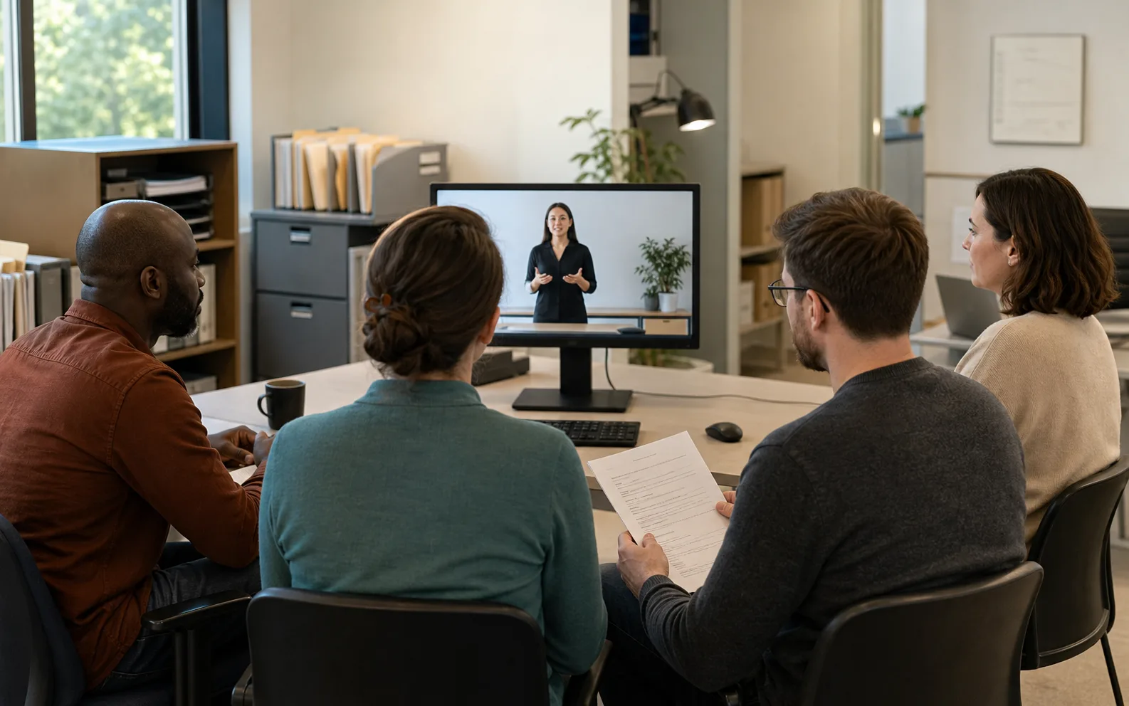 Employees taking a video-based security lesson together in a workplace.