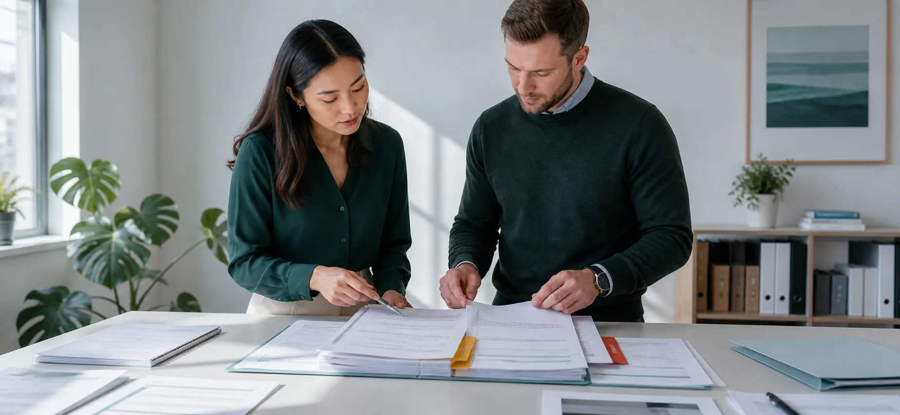 Two professionals review period access records, a dated evidence packet, and one clarification item.