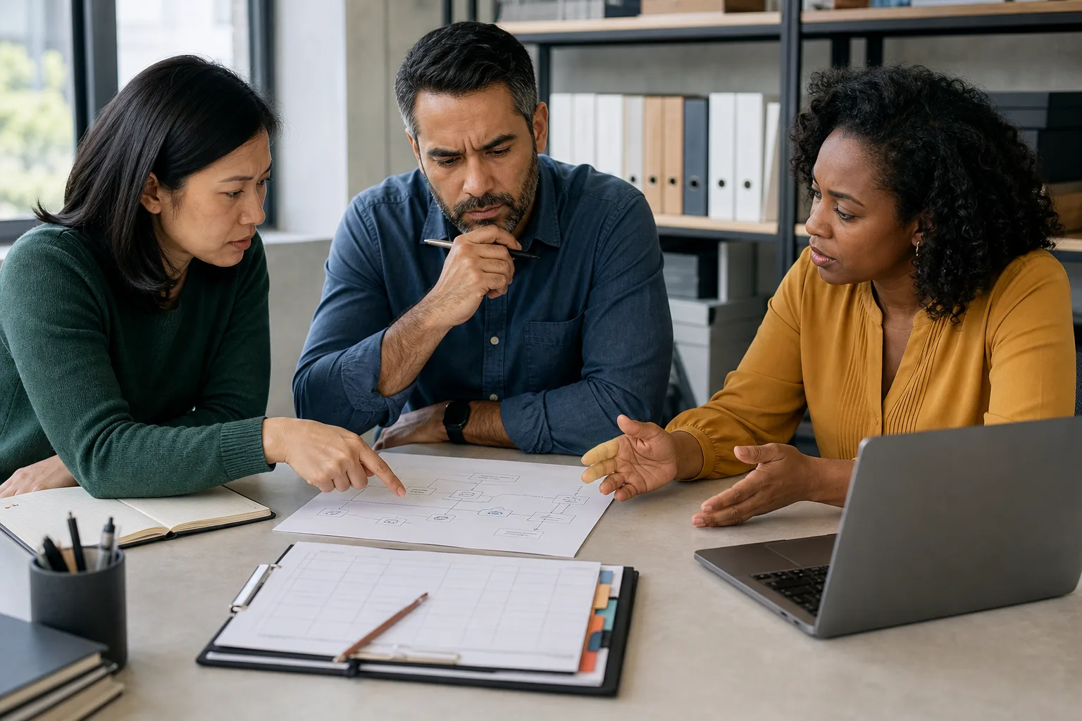 Security, procurement, and business reviewers discussing a vendor relationship around a shared worktable.